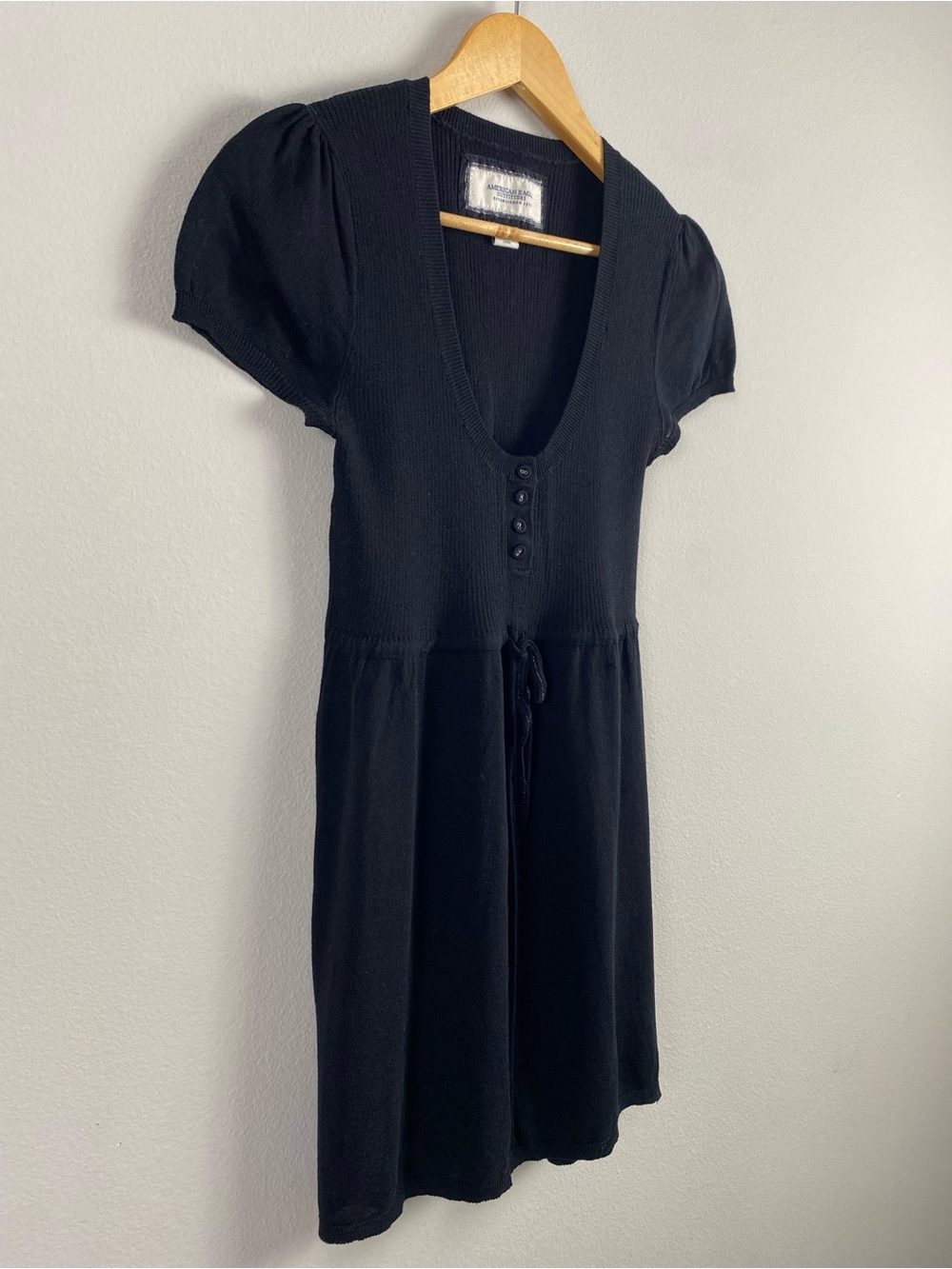 American Eagle Babydoll Henley Sweater Dress | Tie Front, Puff Short Sleeves - Picture 7 of 15